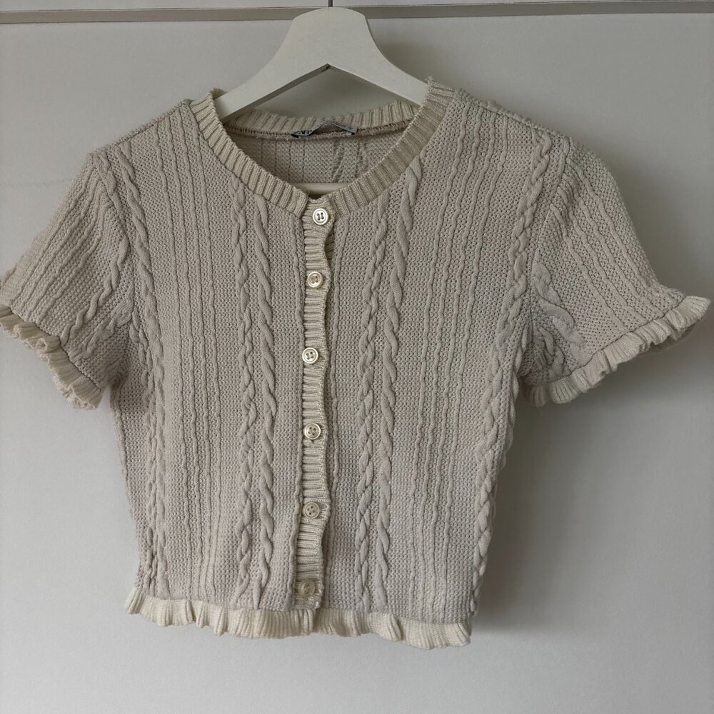 Zara Cream Cable Knit Short Sleeve Cardigan